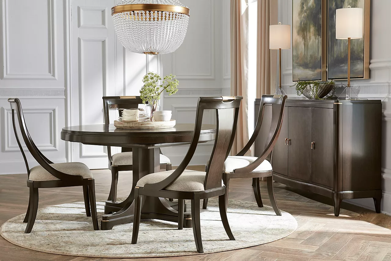 Waterford round dining table, 4 dining chairs and buffet in a room scene
